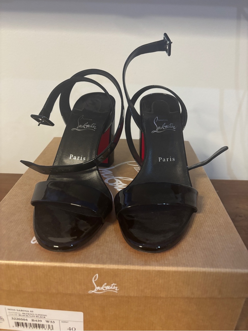 Christian Louboutin Miss Sabina 85 Sz 40 Black Patent Leather Strappy High Heels